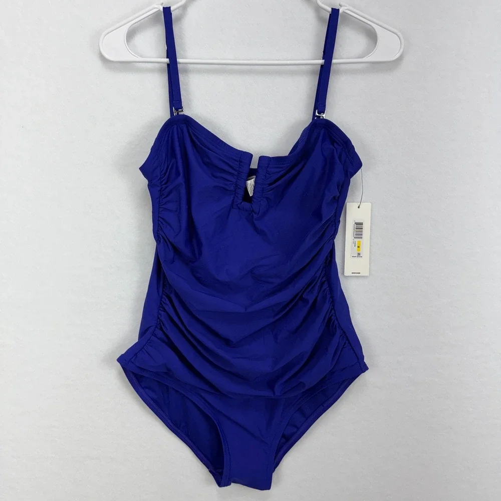 DKNY One Piece Swimsuit Women M Blue NWT Ruched Tummy Control Coastal Chic - Picture 1 of 7